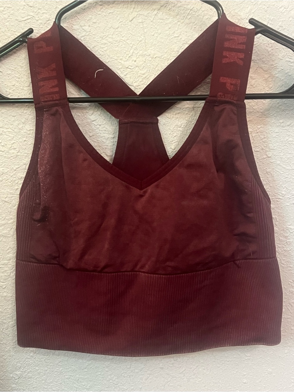 PINK Sport Victoriaโs Secret Sports Bra Medium Burgundy Logo Strappy